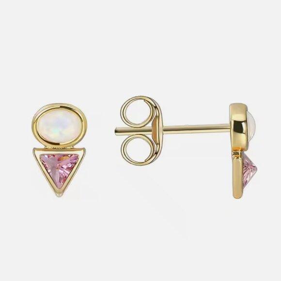 Tiny Stud Earrings Opal and Pink CZ Triangle Opal & Crystal Dainty Studs PRETTY - Picture 1 of 12